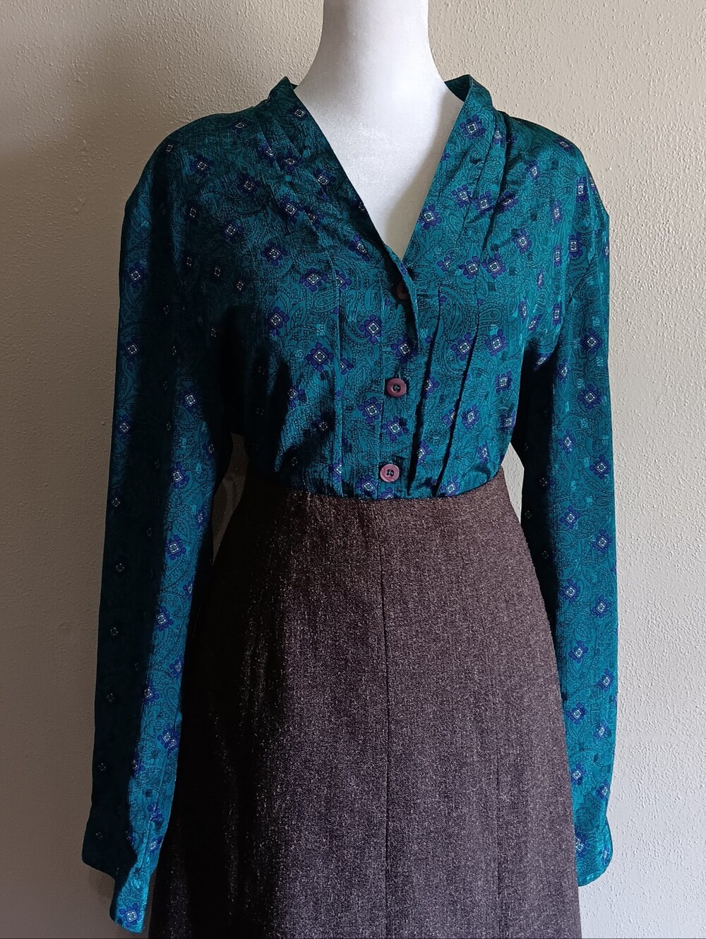 Vintage Academia Edwardian Teal Printed Button Front Blouse Size 14, Long Sleeve